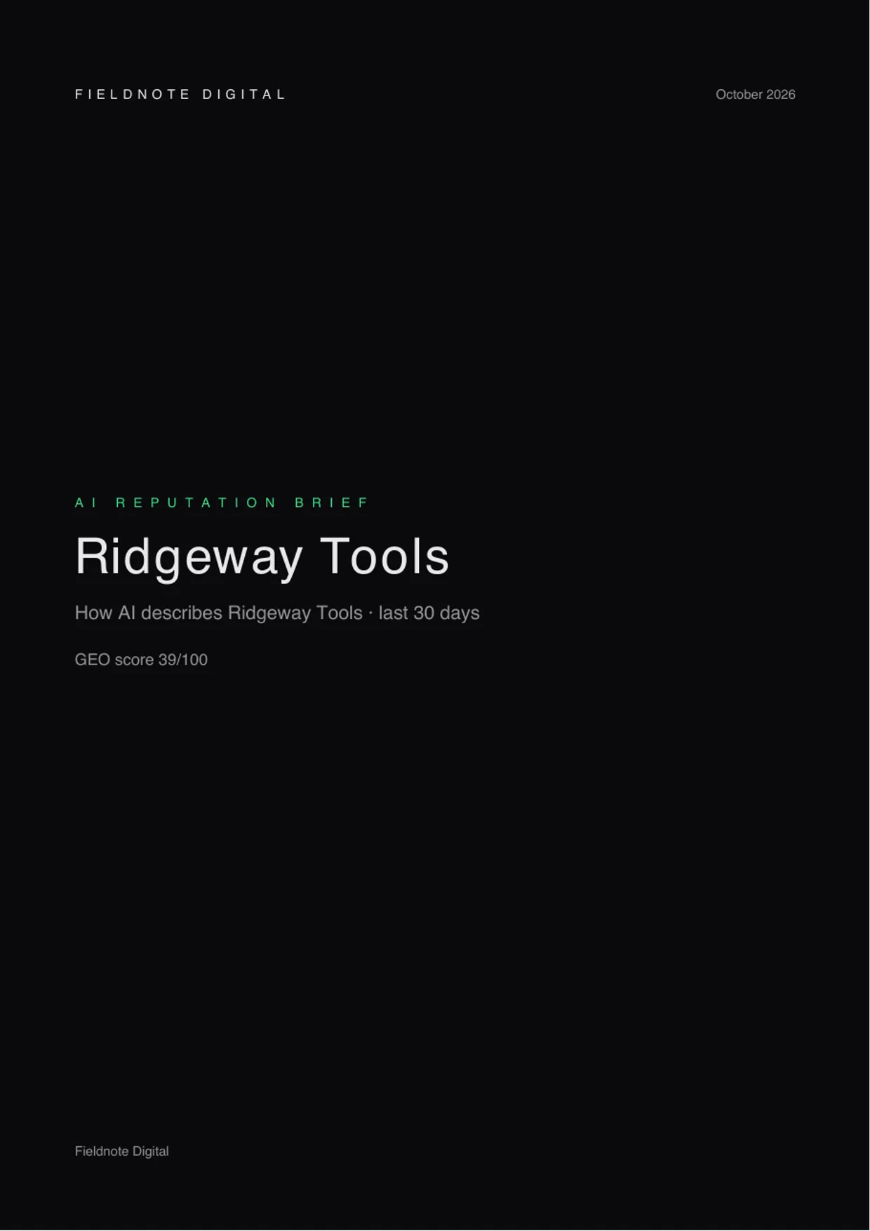 The monthly AI Reputation Brief, page 1 of 2, for the sample client Ridgeway Tools under Fieldnote Digital's branding