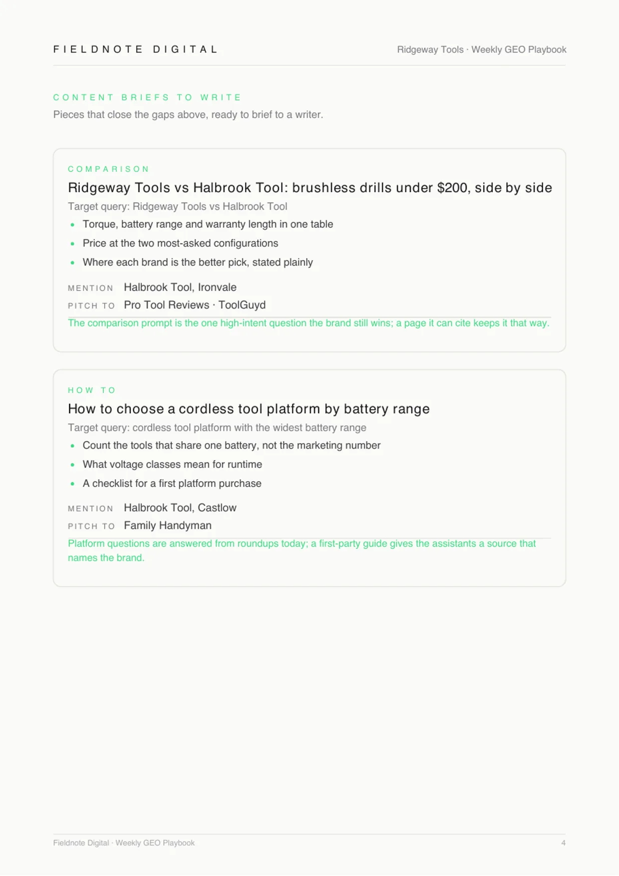 The weekly playbook, page 4 of 5, for the sample client Ridgeway Tools under Fieldnote Digital's branding